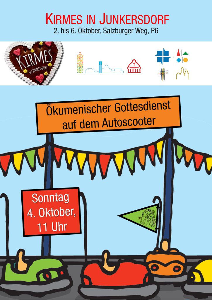 Plakat zum ökumenischen Gottesdienst auf dem Autoscooter am 4. Oktober 2026 um 11 Uhr auf der Kirmes in Junkersdorf.