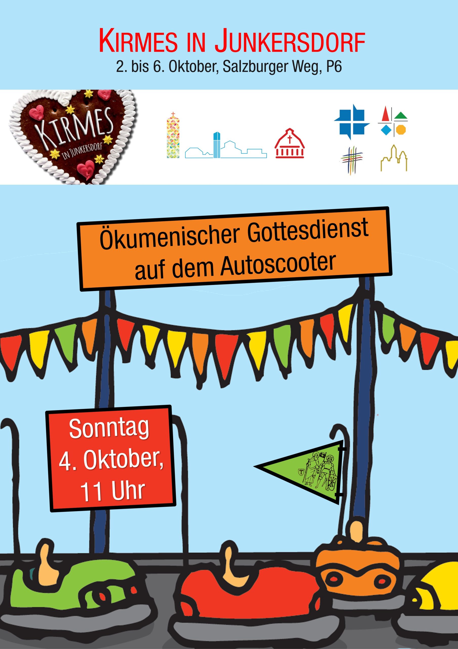 Plakat zum ökumenischen Gottesdienst auf dem Autoscooter am 4. Oktober 2026 um 11 Uhr auf der Kirmes in Junkersdorf.