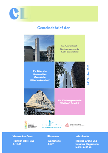 Titelseite des gemeinsamen Gemeindebriefs Juli bis Oktober 2026 mit Fotos der Kirchen in Braunsfeld, Junkersdorf und Weiden.