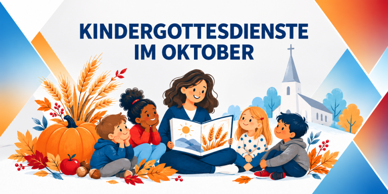Kindergottesdienste im Oktober. Herbstliche Illustration mit Kindern, einer Vorleserin, einem offenen Buch, Kürbis und Ähren; diagonale Flächen in den Gemeindefarben.