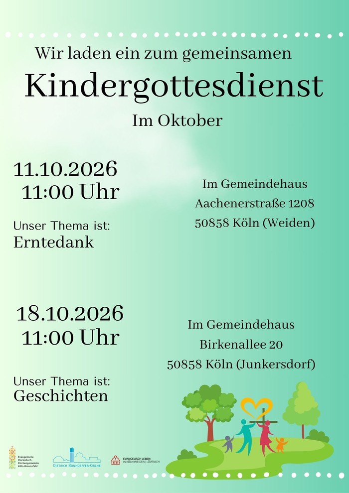 Flyer zu den Kindergottesdiensten am 11. Oktober 2026 um 11 Uhr in Weiden (Erntedank) und am 18. Oktober 2026 um 11 Uhr in Junkersdorf (Geschichten). Alle Angaben stehen auch im Beitrag.